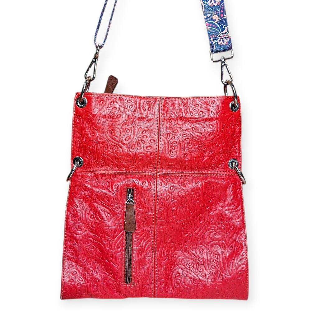 I Ponti Firenze Italian leather crossbody bag embossed red leather hippie